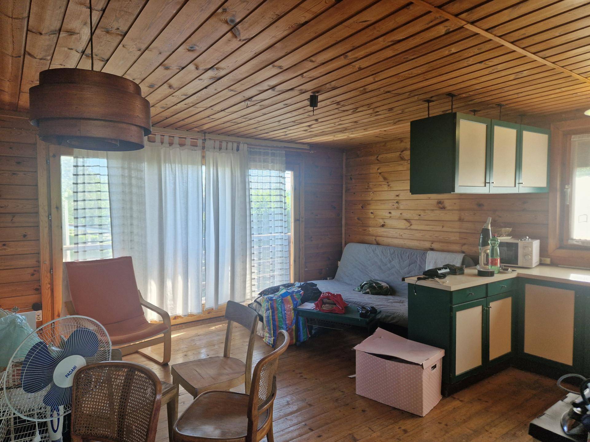 Heller Wohnbereich mit Holzverkleidung, Küchenzeile und Zugang zum Balkon durch große Fenster.