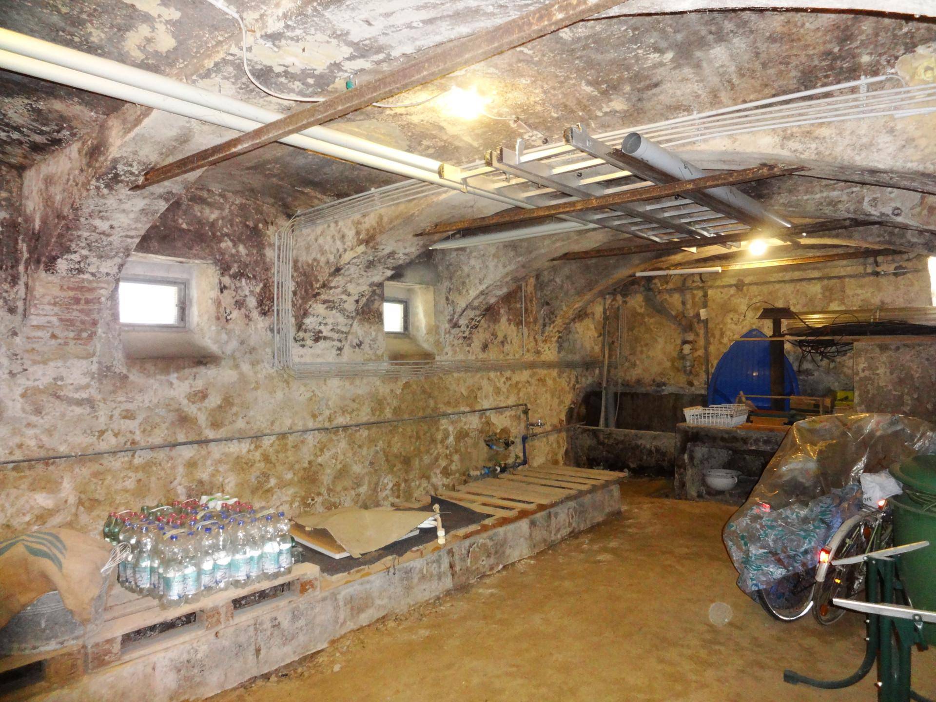 Historischer Keller mit Gewölbedecke, Natursteinwänden und kleinen Fenstern.