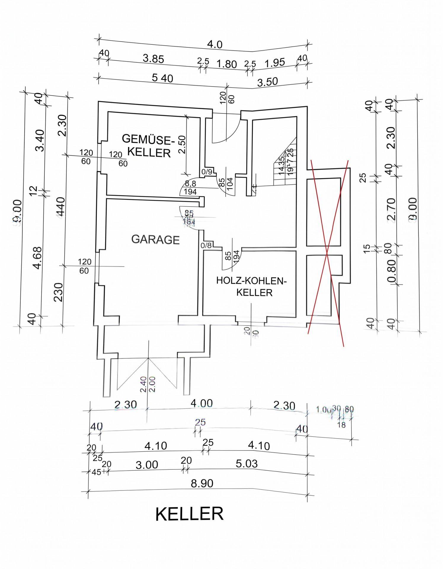 Grundriss des Kellers mit Garage, Gemüsekeller und Holz-Kohlen-Keller.