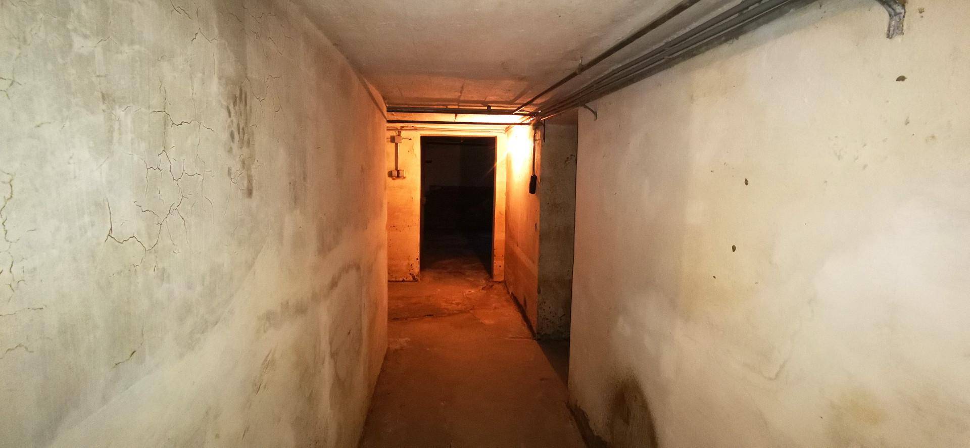 Dunkler Kellerflur mit rauen Wänden und einfacher Beleuchtung, bietet Stauraum.