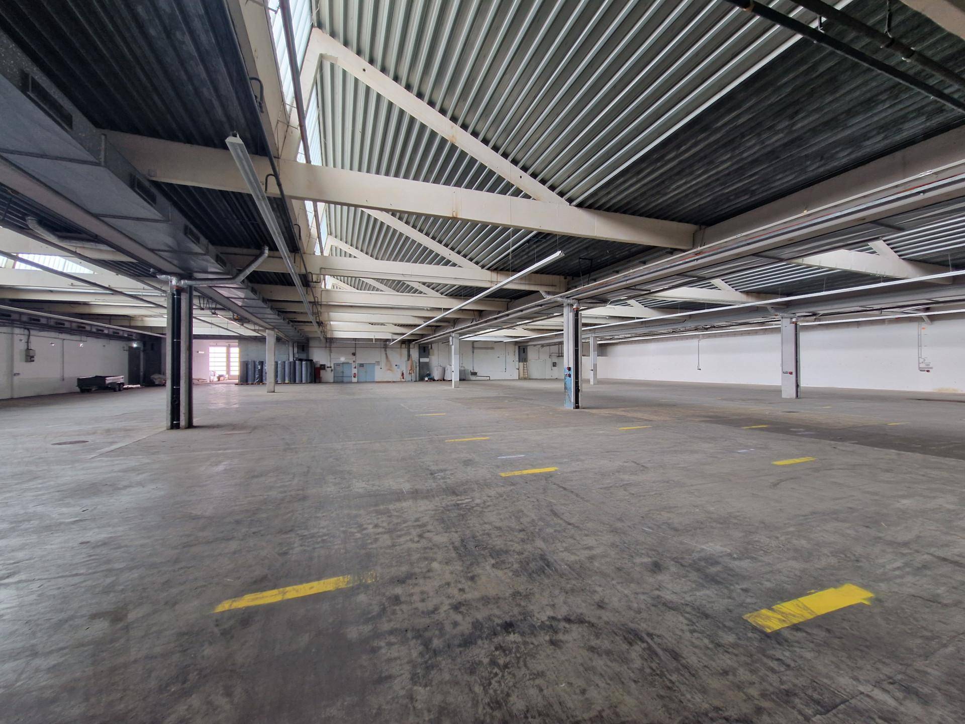 Weitläufige Lagerhalle mit Betonboden, hohen Decken und sichtbaren Trägern.