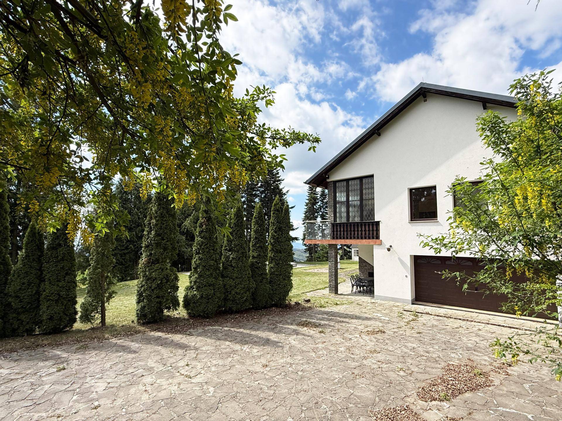 Seitenansicht des Haupthauses mit gepflasterter Auffahrt, Garage und hohen Nadelbäumen im Vordergrund.