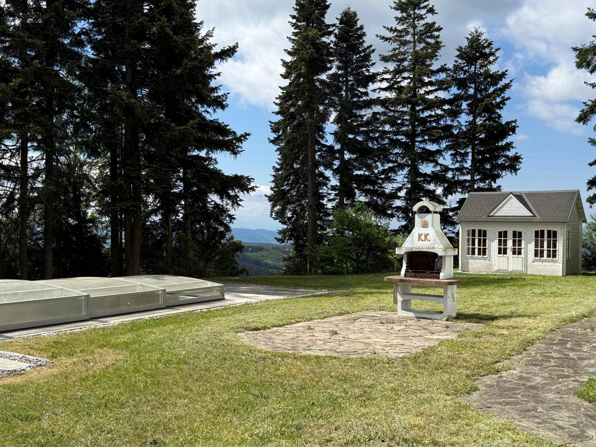 Gemütlicher Grillplatz im Garten mit festem Grill und einem charmanten Gartenhaus im Hintergrund.