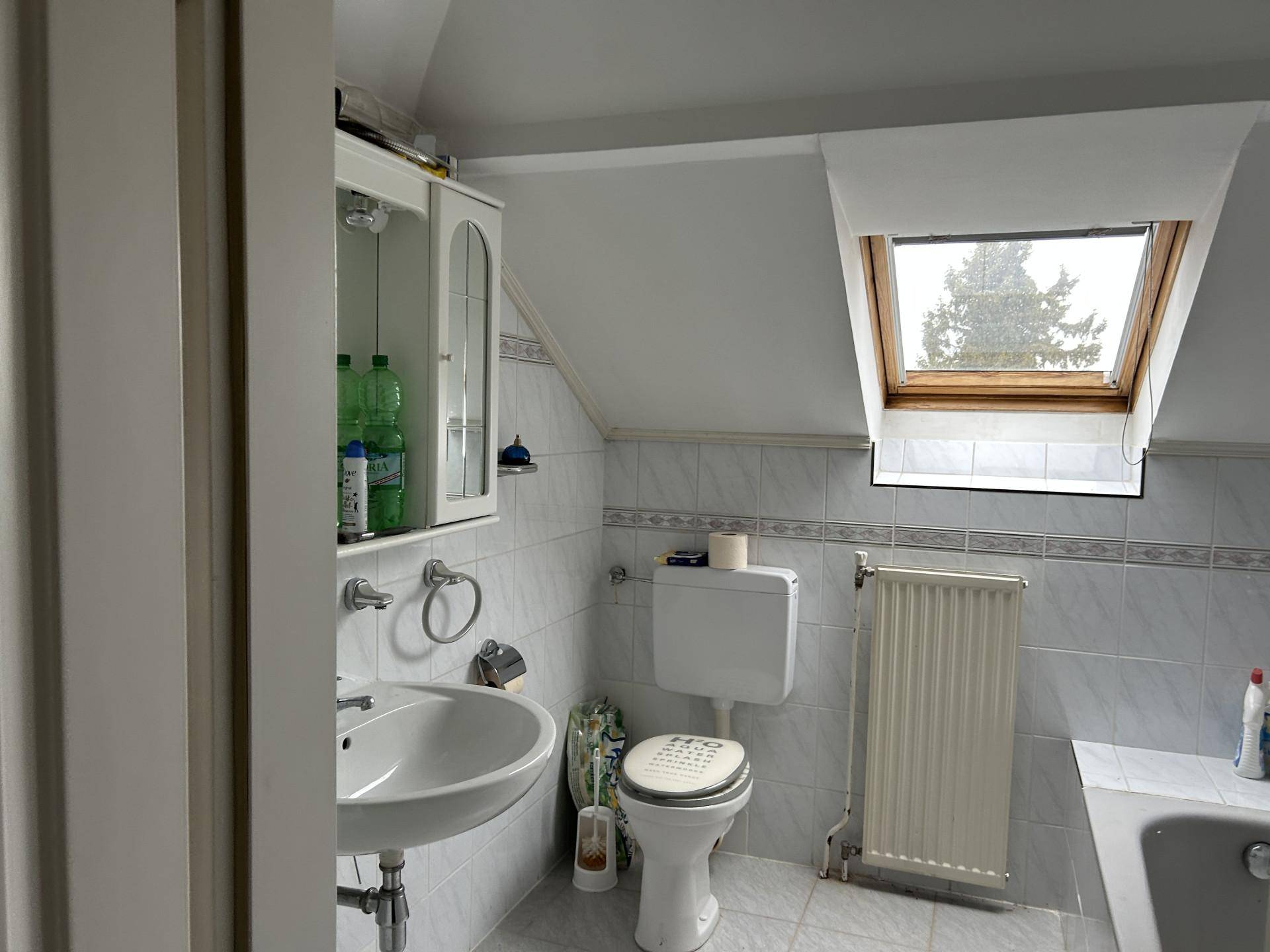 Helles Badezimmer im Dachgeschoss mit Dachfenster, WC und Waschbecken.