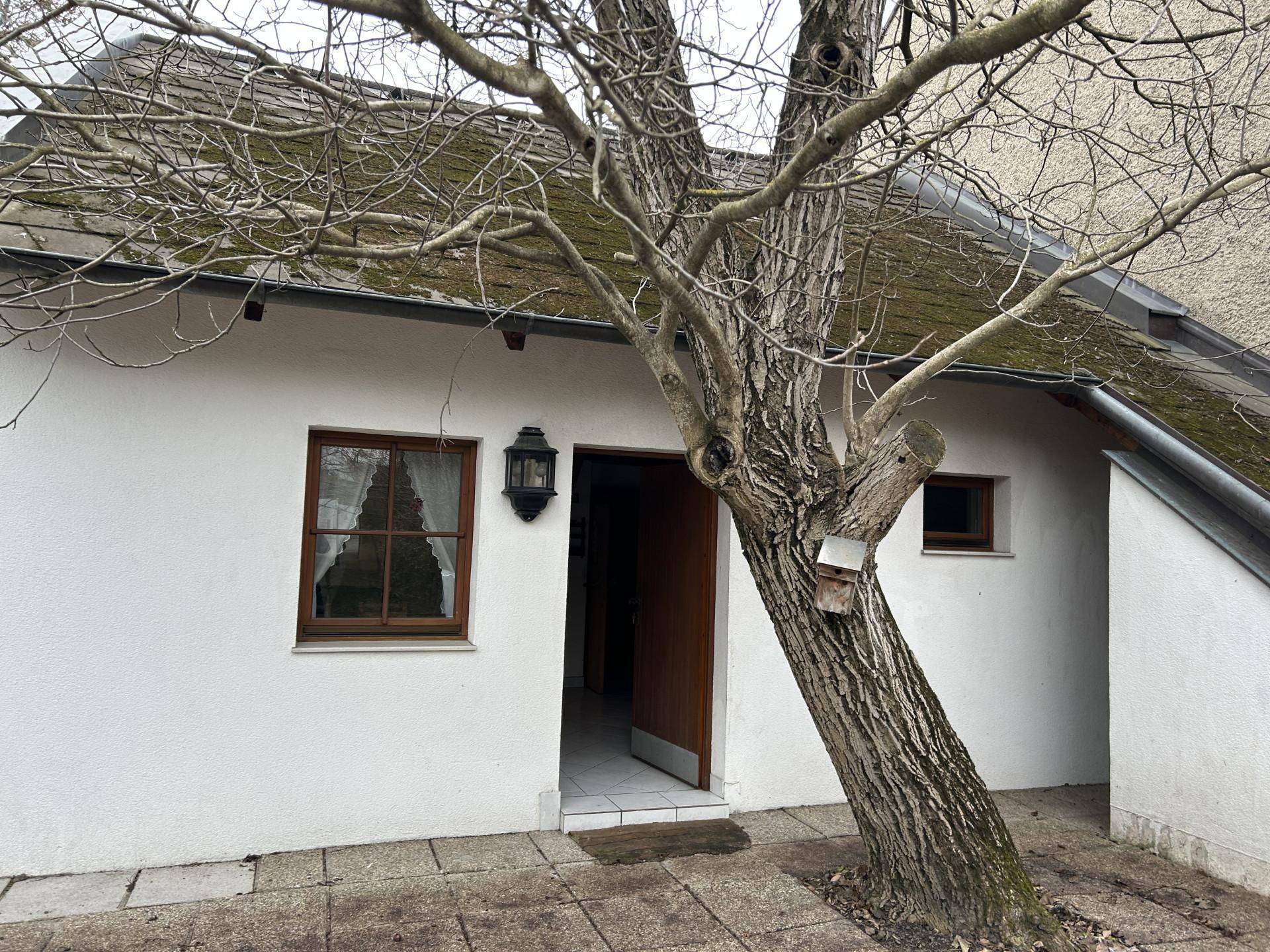 Eingangsbereich zu einem Gartenapartment mit Holztür und gepflastertem Zugang.