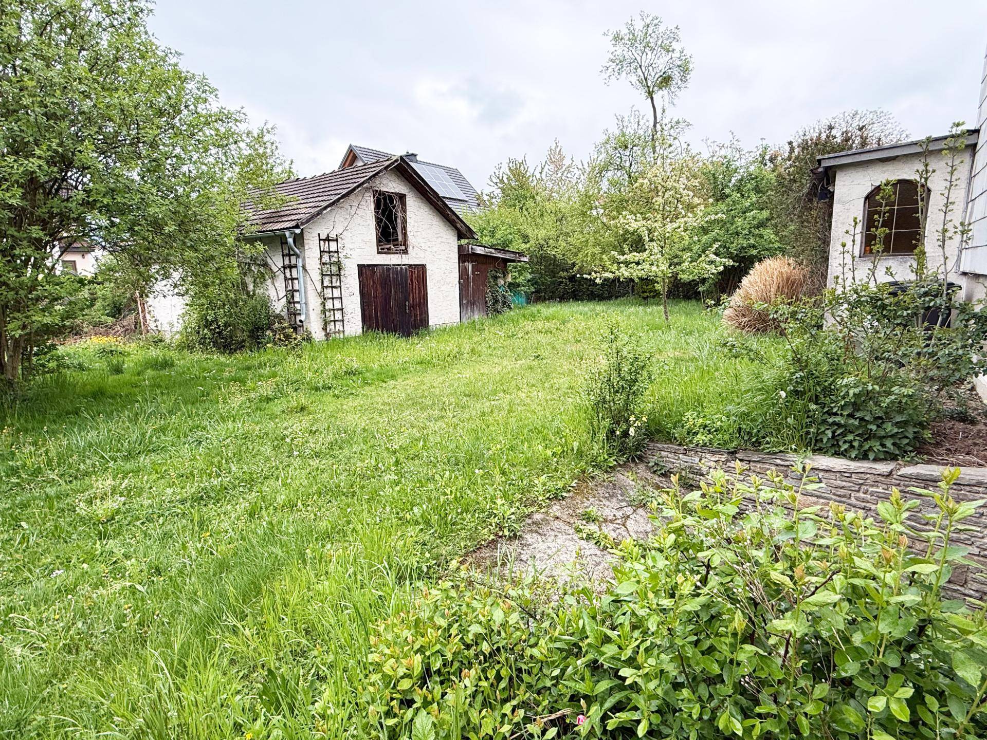 Ein kleines Nebengebäude mit Holztüren steht in einem weitläufigen, verwilderten Gartenbereich.