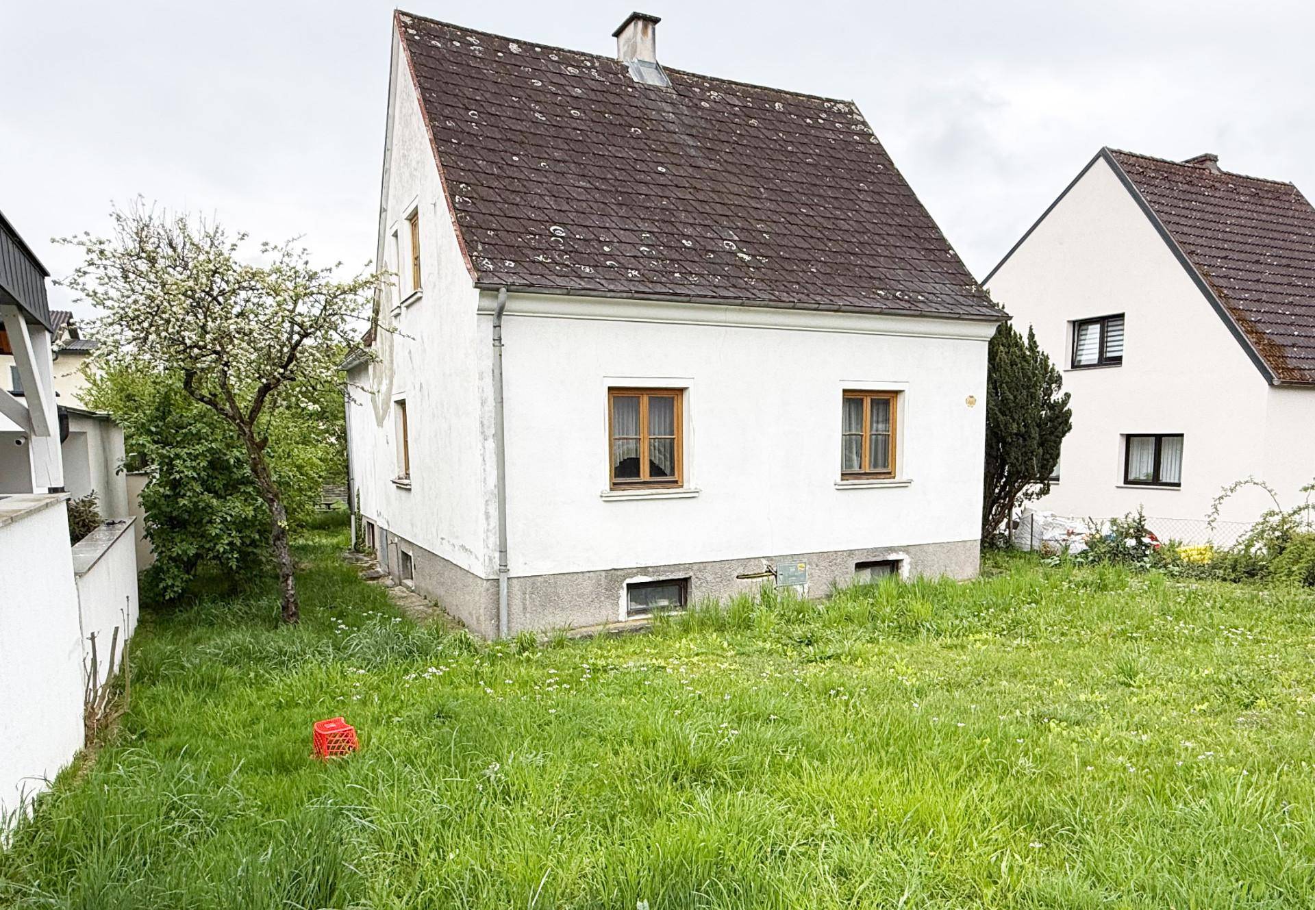 Freistehendes Einfamilienhaus mit weißer Fassade und großem Gartenbereich, der Pflege benötigt.