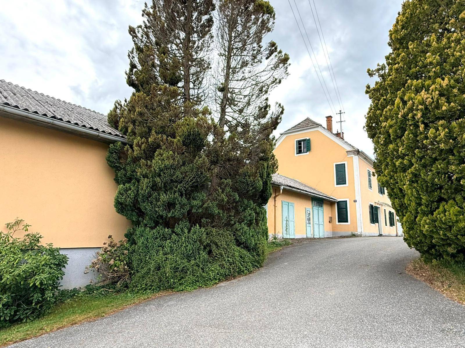 Seitenansicht des Landhauses mit Zufahrt, hohen Bäumen und angrenzendem Nebengebäude.