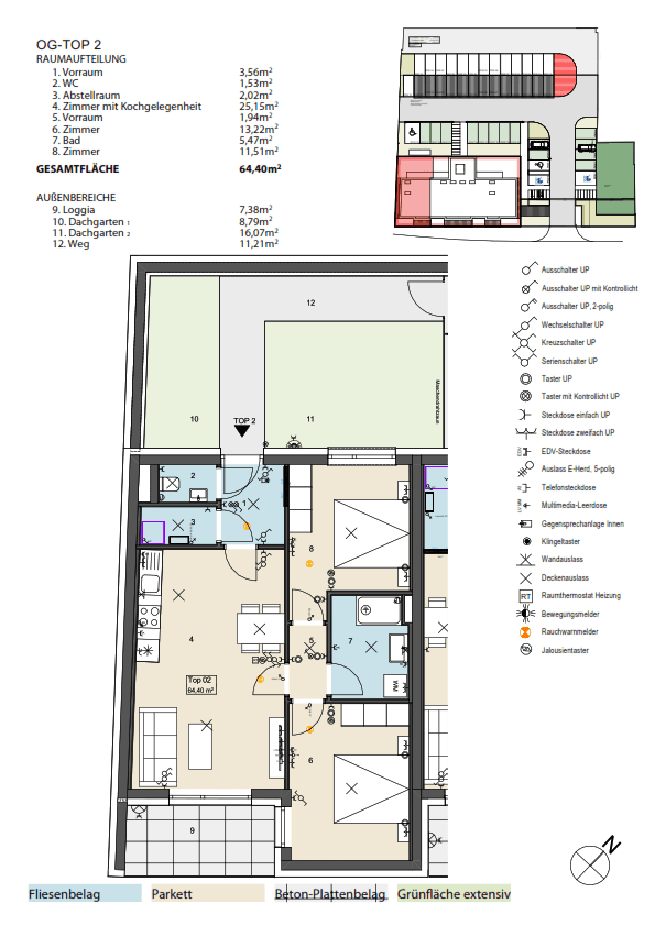 Grundrissplan für eine Wohnung im Obergeschoss mit Raumaufteilung und Außenbereichen.