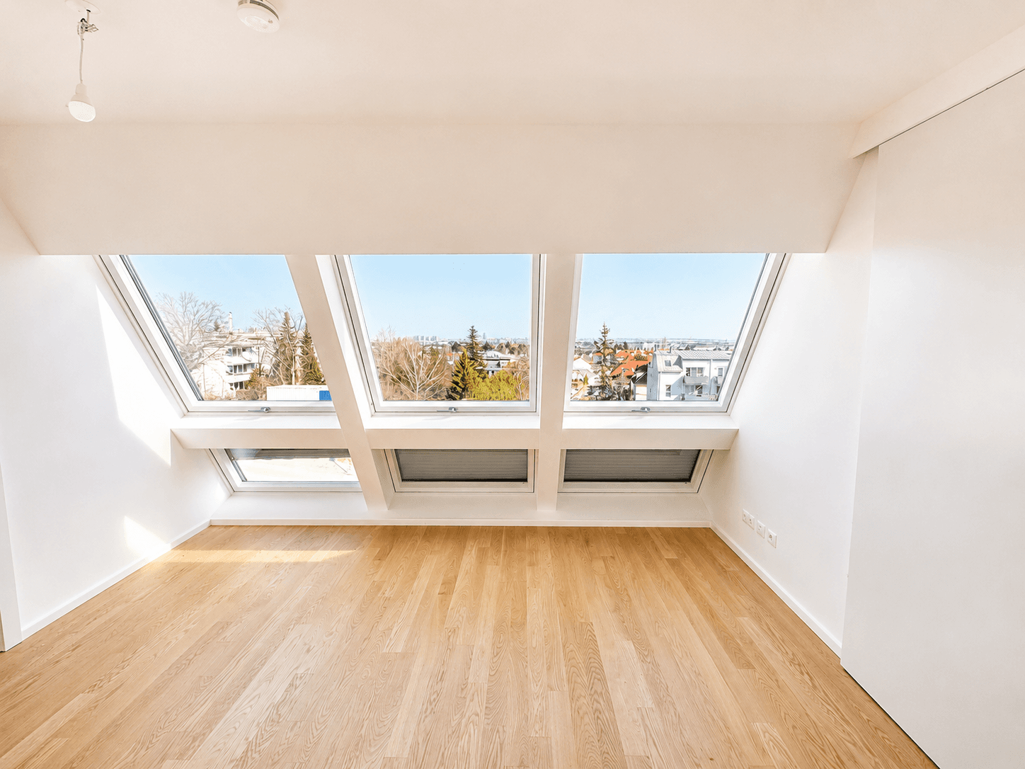 Lichtdurchfluteter Raum mit Holzboden und großen Dachfenstern mit Blick auf die Umgebung.