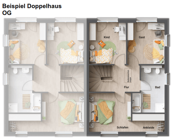 Grundriss des Obergeschosses eines Doppelhauses mit Schlafzimmern, Ankleide und Badezimmern.