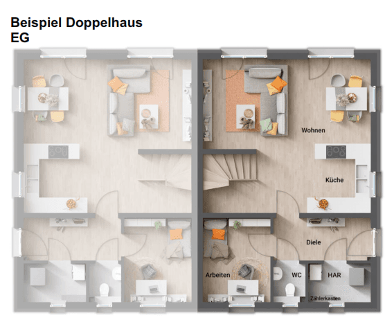 Grundriss des Erdgeschosses eines Doppelhauses mit offenem Wohnbereich, Küche und Arbeitszimmer.