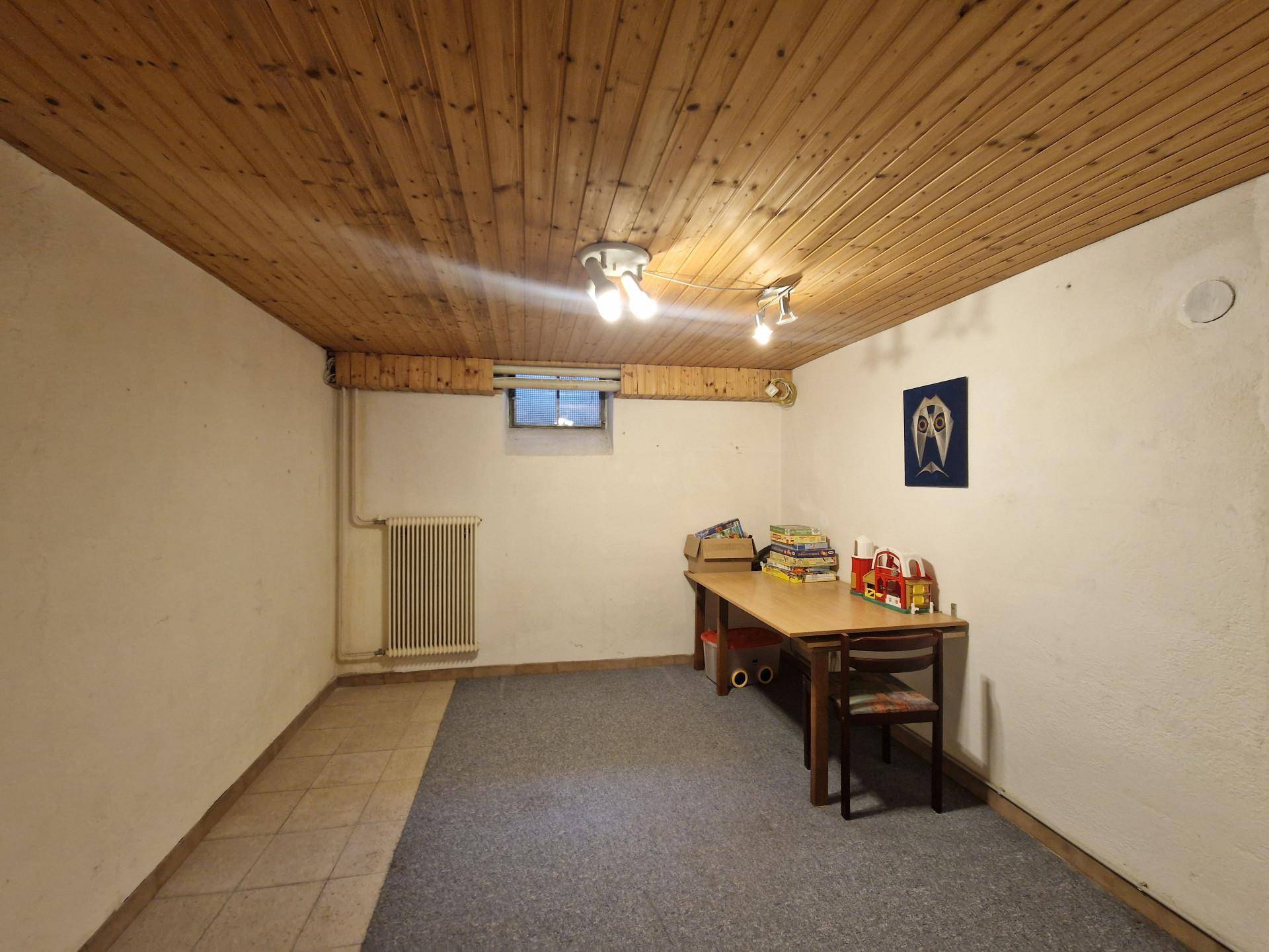 Gemütlicher Kellerraum mit Holzdecke, Teppichboden und Tisch.