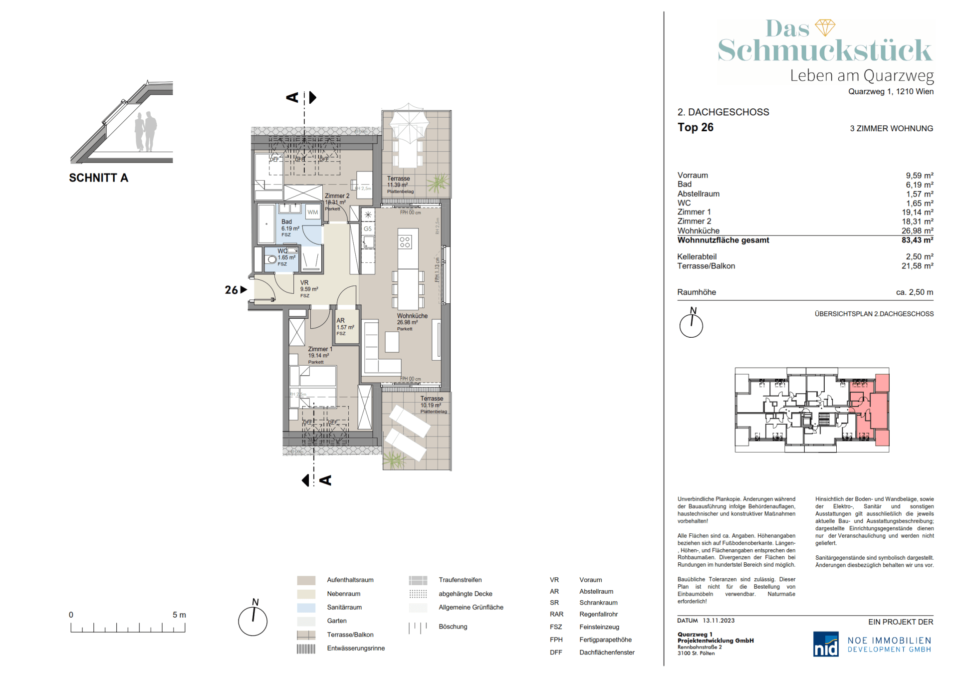 Grundriss einer Dachgeschosswohnung mit offenem Wohnbereich, zwei Schlafzimmern und zwei Terrassen.