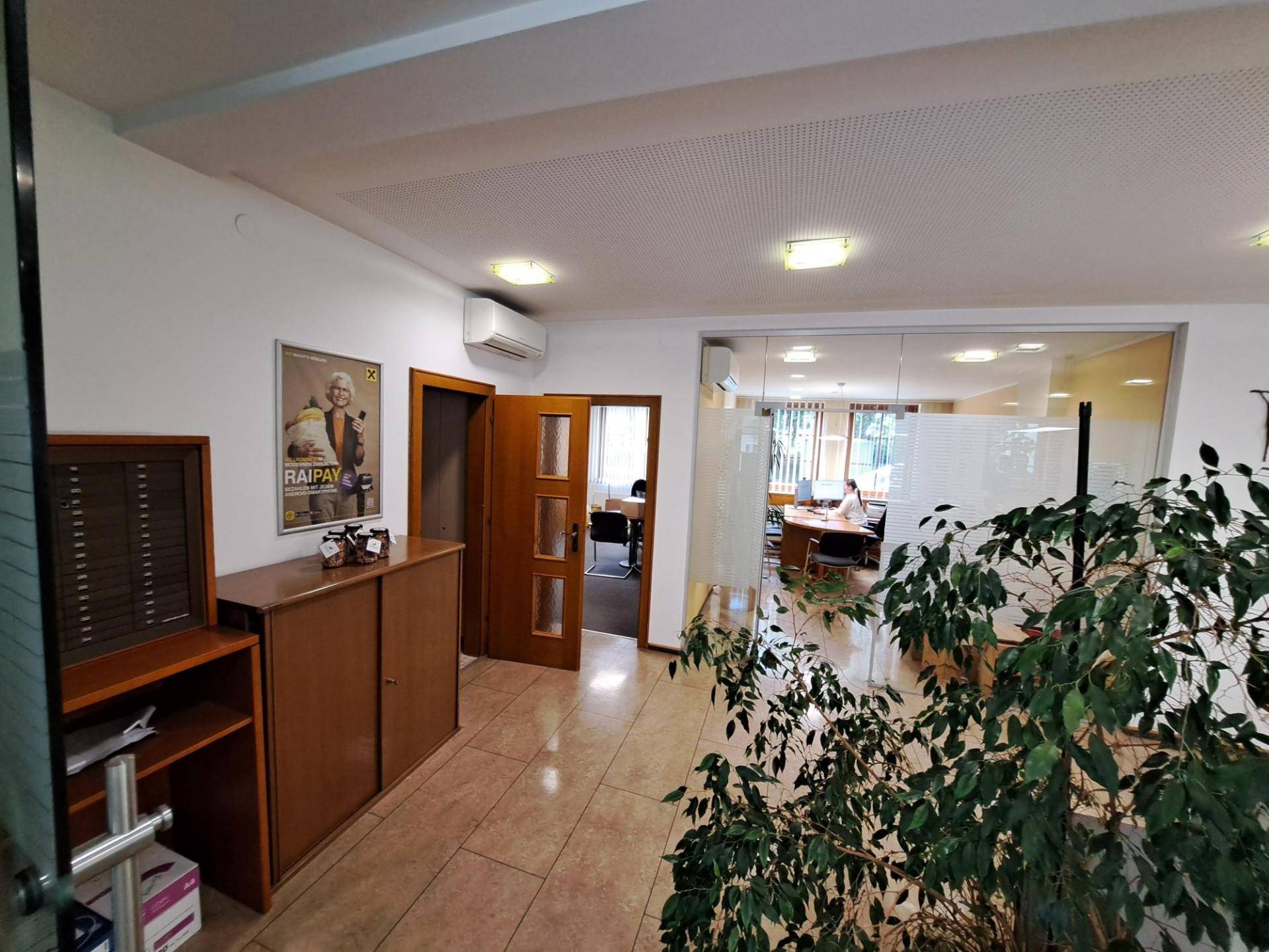 Flur und Bürobereich mit Glaswänden, Pflanzen und Klimaanlage in einem kommerziellen Gebäude.