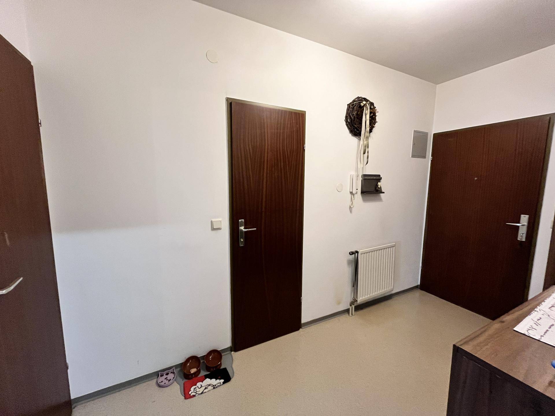 Heller Flur mit mehreren Türen, Heizkörper und schlichten weißen Wänden.