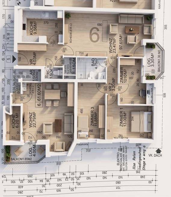 Visualisierter Grundriss mit Möblierungsvorschlägen für eine moderne Wohnung.