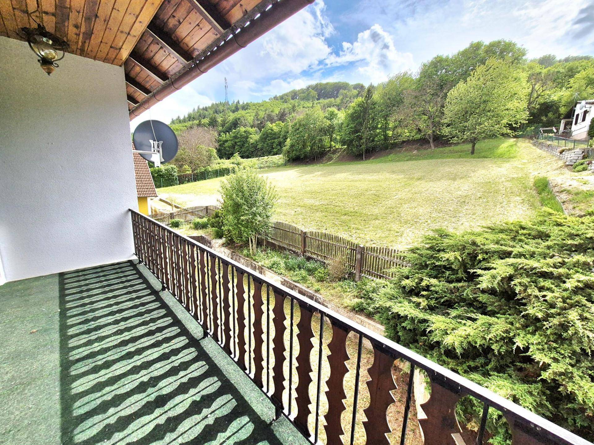 Blick von einem Balkon mit grünem Teppichboden auf eine weite Wiese und bewaldete Hügel.
