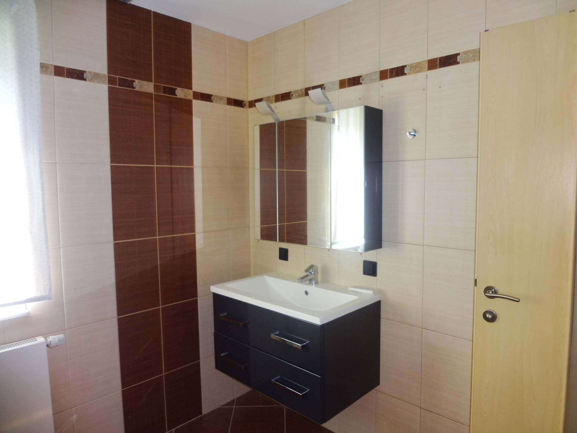 Modernes Badezimmer mit dunklem Waschtisch, Spiegelschrank und zweifarbigen Fliesen.