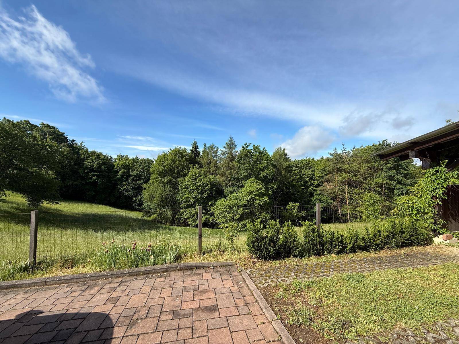 Weitläufiger Gartenbereich mit Blick auf grüne Wiesen und dichte Wälder unter blauem Himmel.