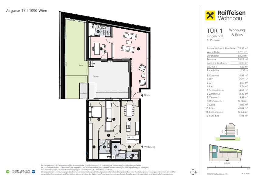Grundriss einer 5-Zimmer-Wohnung mit separatem Büro, großer Terrasse und Gartenfläche im Erdgeschoss.