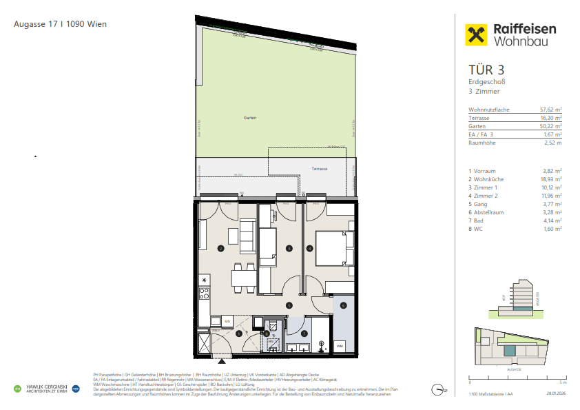 Grundriss einer Erdgeschosswohnung mit offenem Wohnbereich, zwei Schlafzimmern, Bad, separatem WC, Terrasse und Garten.