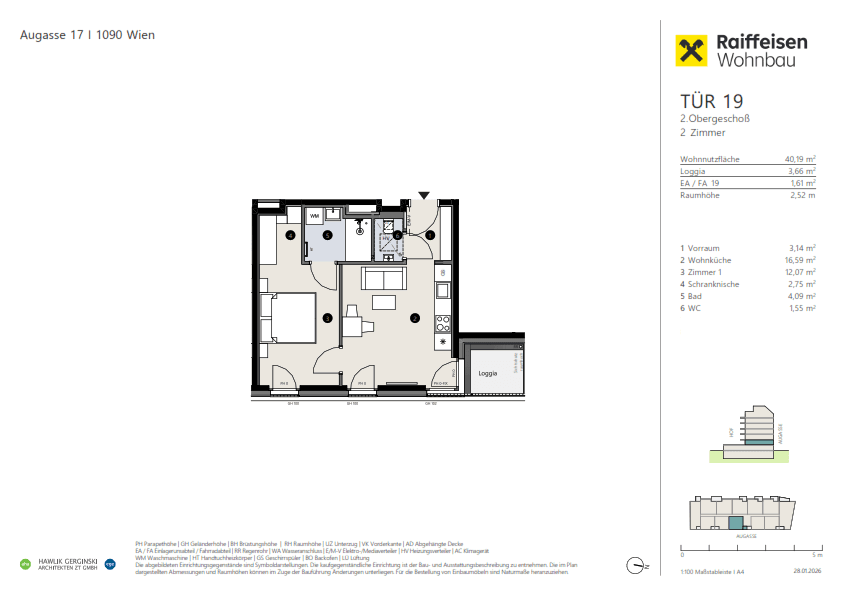 Grundriss einer modernen 2-Zimmer-Wohnung mit offener Wohnküche, separatem WC, Bad und einer Loggia.