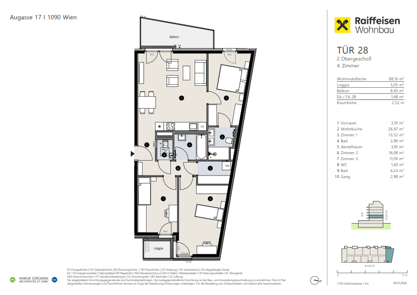 Detaillierter Grundriss einer 4-Zimmer-Wohnung mit offener Wohnküche, zwei Bädern, Balkon und Loggia.