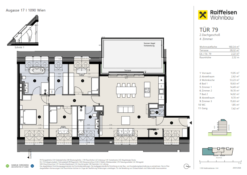 Grundriss einer modernen Dachgeschosswohnung mit großer Terrasse, offener Wohnküche und drei Schlafzimmern.