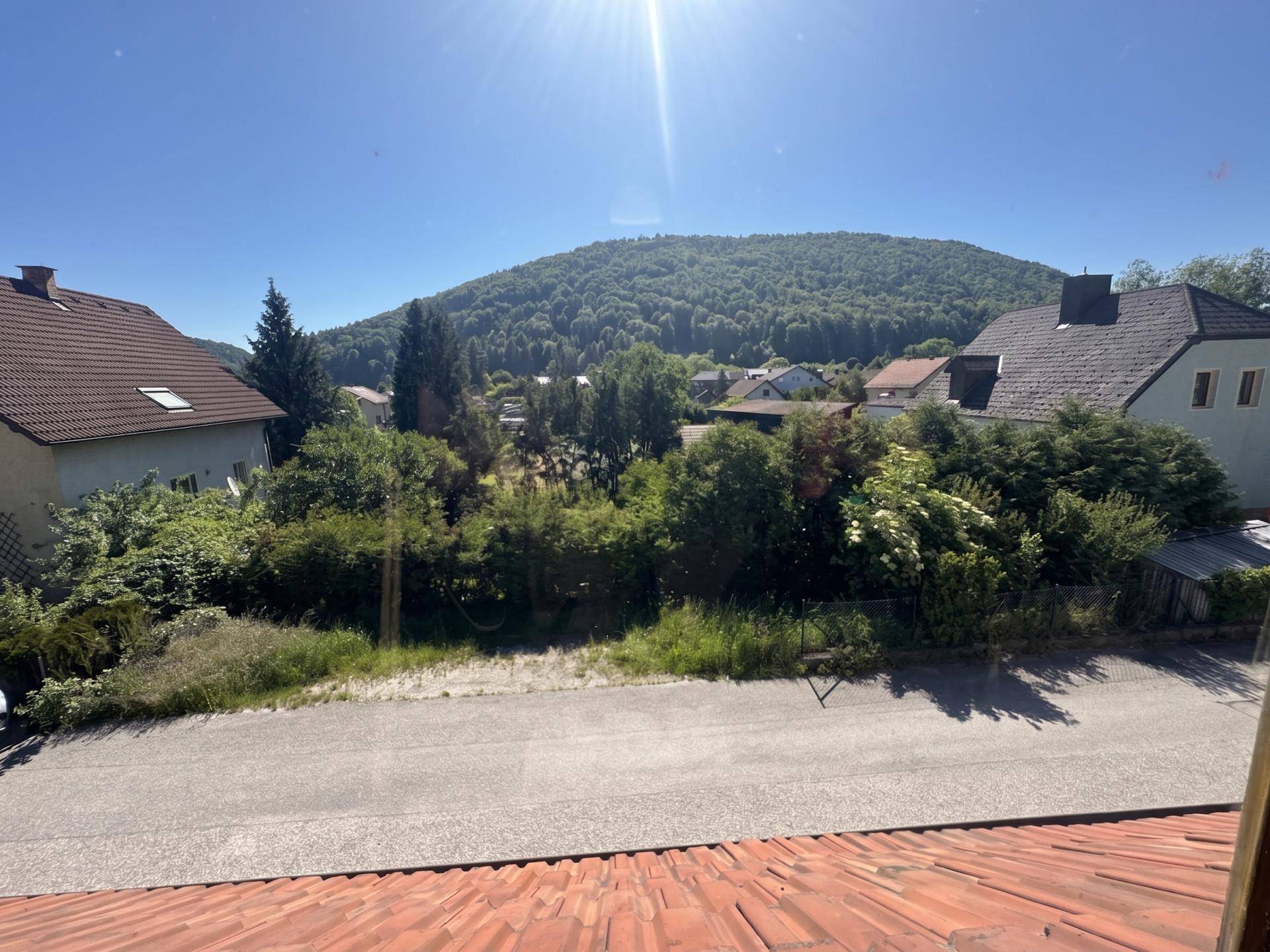 Weitläufiger Blick über die Dächer der Nachbarschaft und bewaldete Hügel unter blauem Himmel.