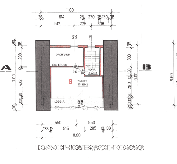 Grundriss des Dachgeschosses mit einem Zimmer, Dachraum und einer Loggia.