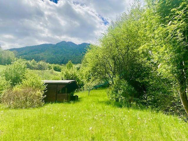 Idyllischer Gartenbereich mit einer kleinen Hütte und weitem Blick auf die umliegende Berglandschaft.