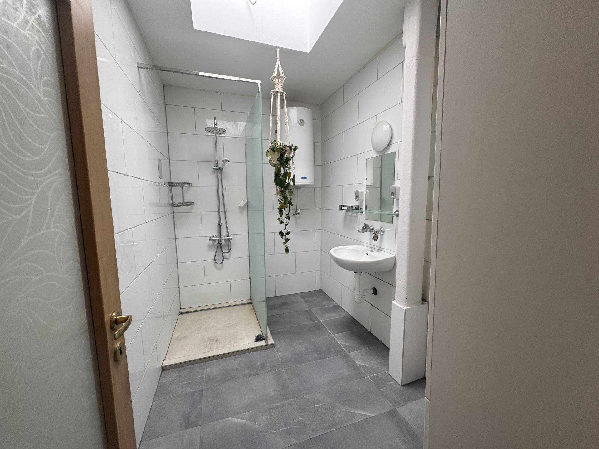 Modernes Badezimmer mit weißen Fliesen, begehbarer Dusche, Einzelwaschbecken und Oberlicht.