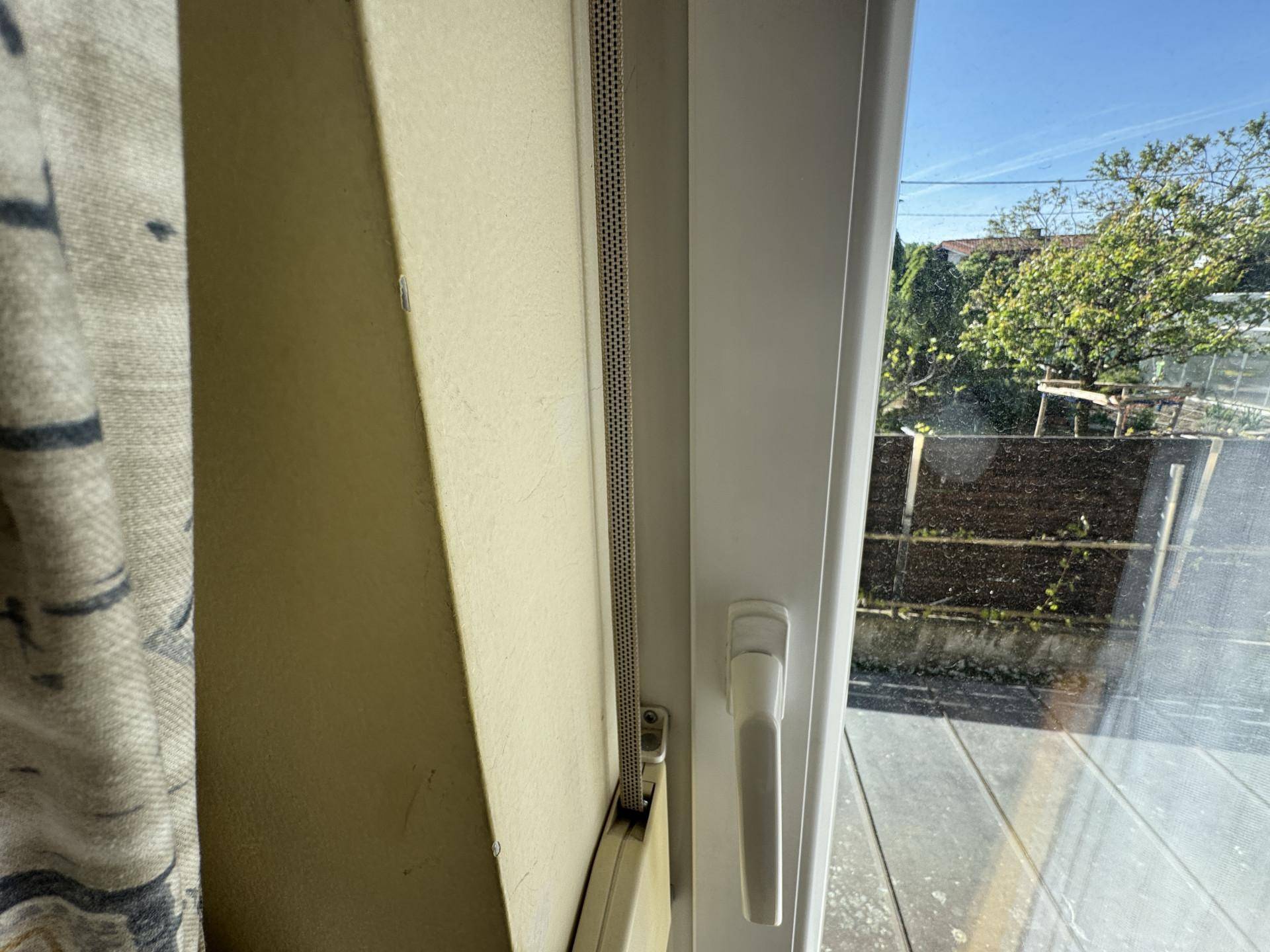 Nahaufnahme eines Fensters mit Blick ins Grüne und hellem Tageslicht.