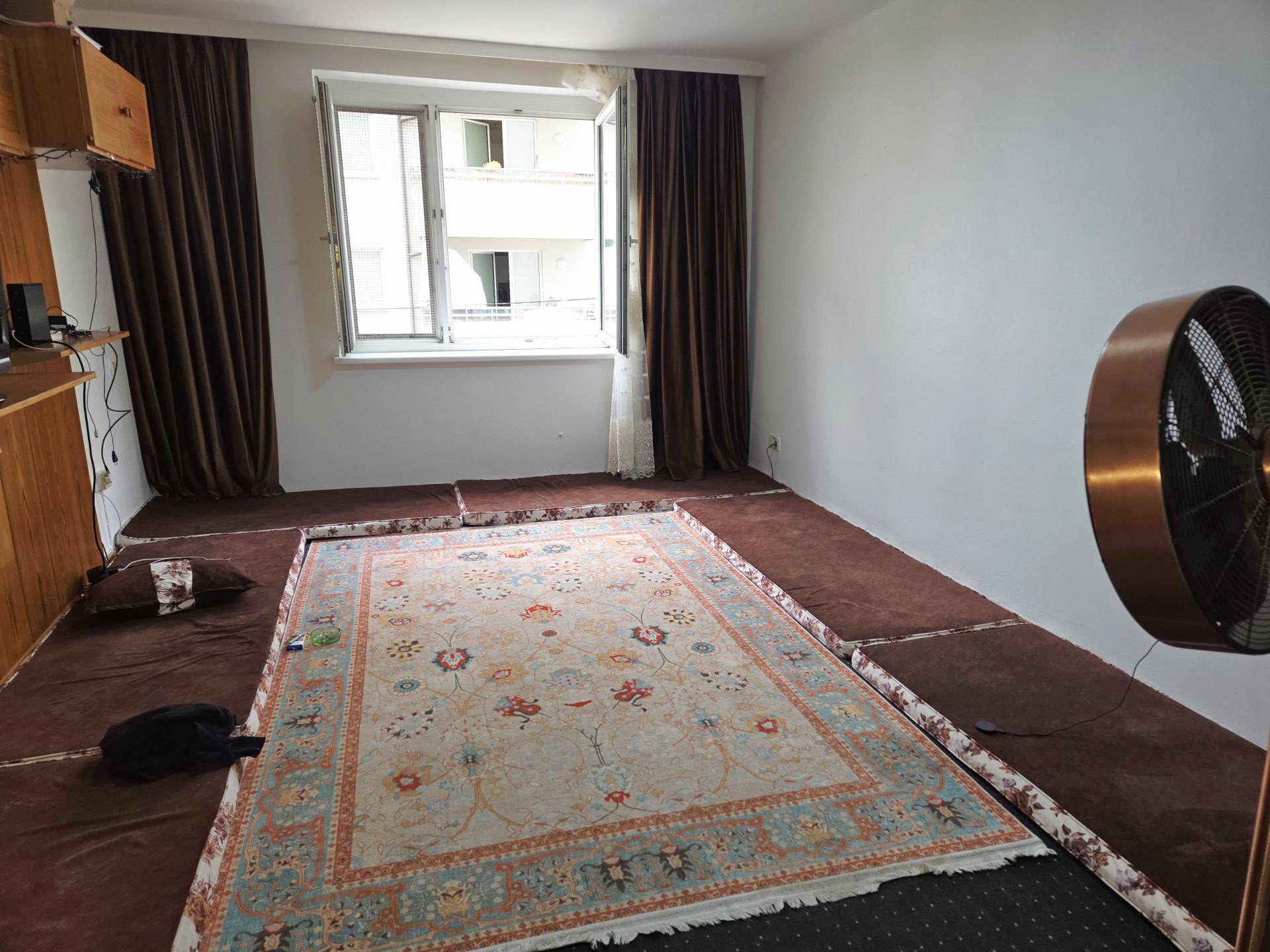 Geräumiges Zimmer mit braunem Teppichboden, großem Fenster und Ventilator.