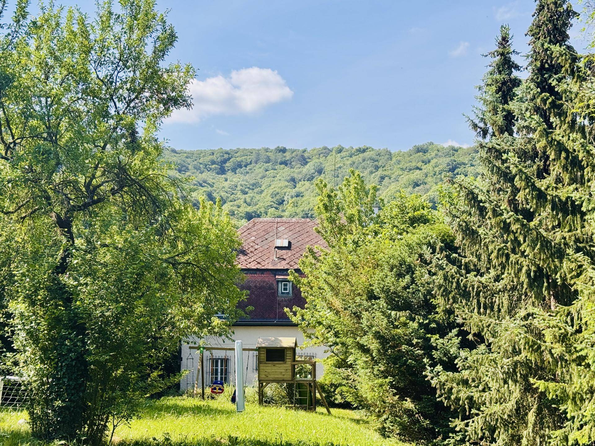 Gartenbereich mit Spielturm und Schaukel, umgeben von Bäumen mit Blick auf bewaldete Hügel.