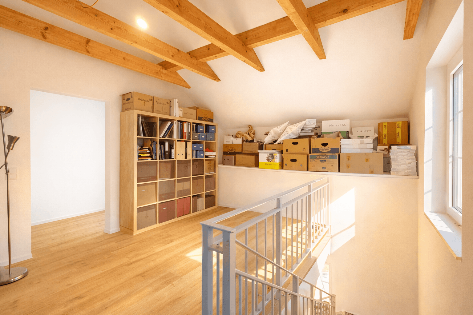 Heller Dachboden mit sichtbaren Holzbalken, Holzboden und Stauraum.