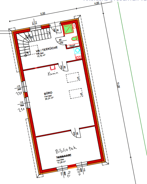 Grundriss des Erdgeschosses mit Teeküche, Büro, Bibliothek, Kamin und Terrasse.