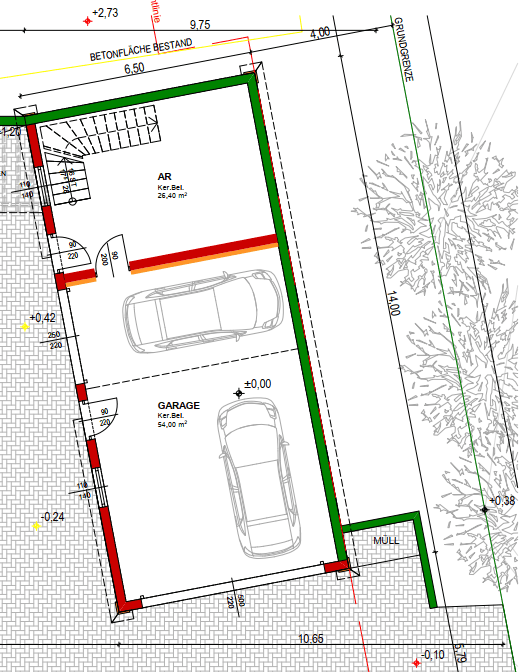 Grundriss des Untergeschosses mit Doppelgarage, Abstellraum und Treppenaufgang.
