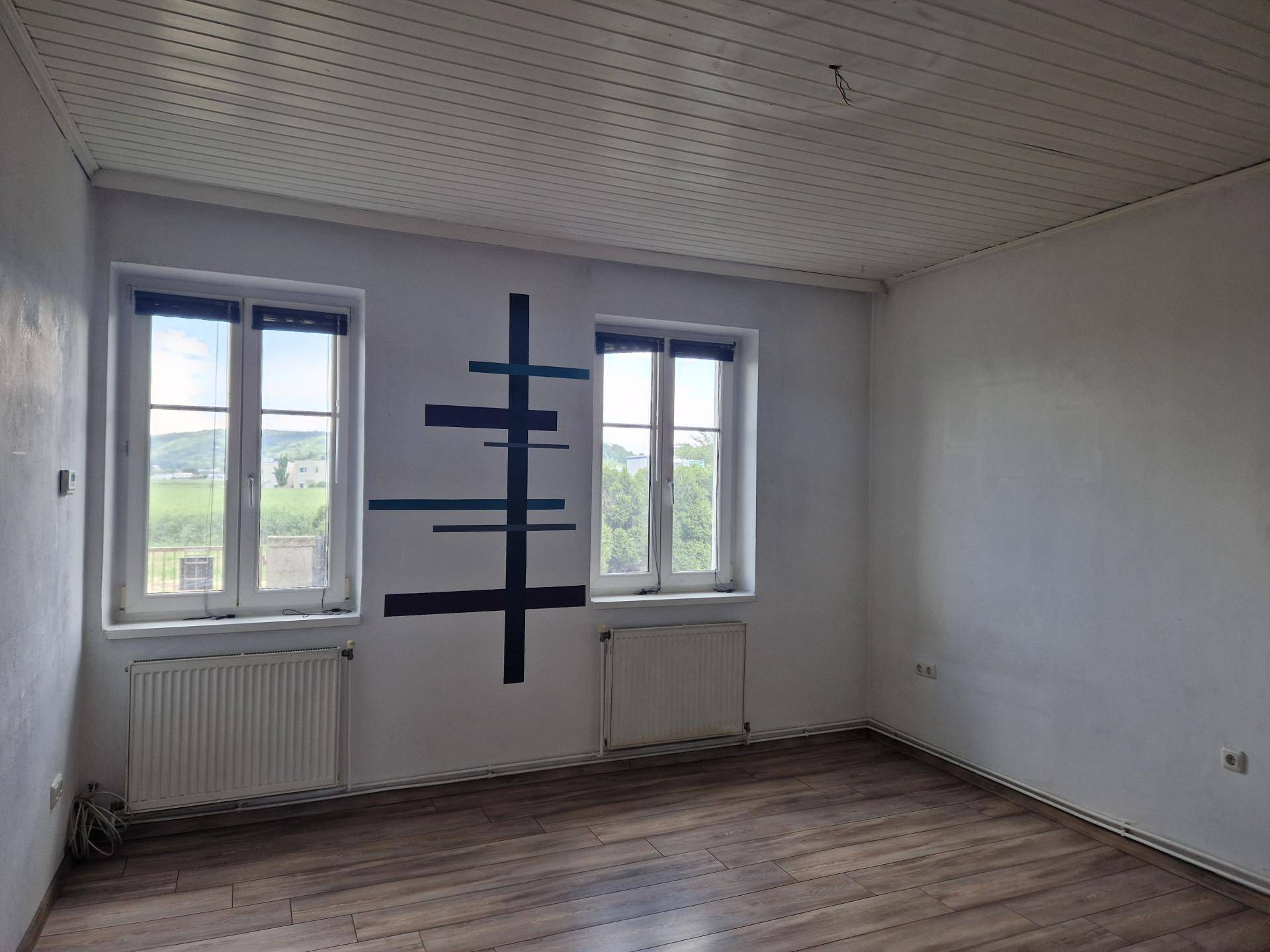 Heller Raum mit Laminatboden, weißen Wänden und Blick auf die grüne Landschaft.