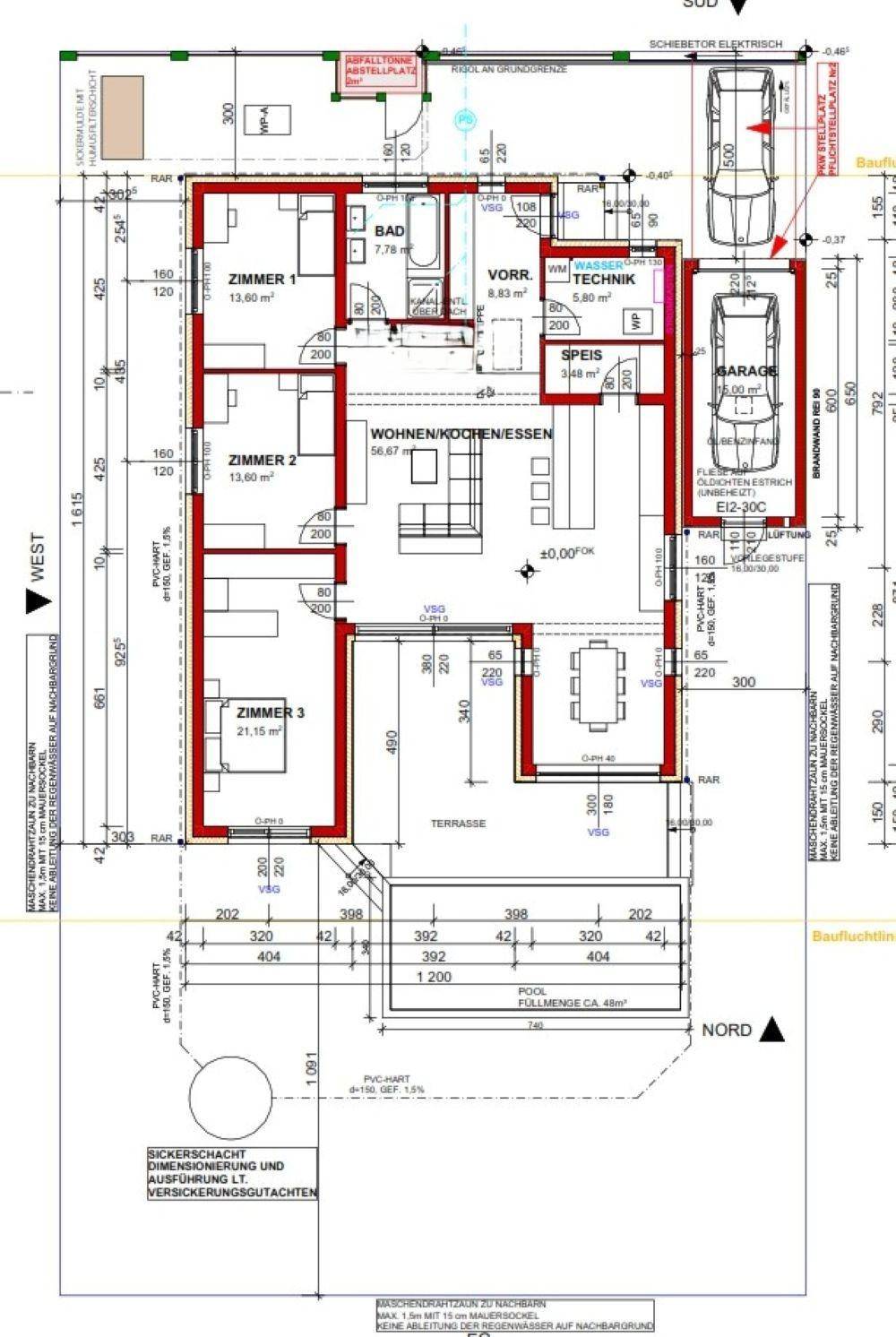 Detaillierter Grundriss eines Einfamilienhauses mit drei Zimmern, offener Küche und Terrasse.