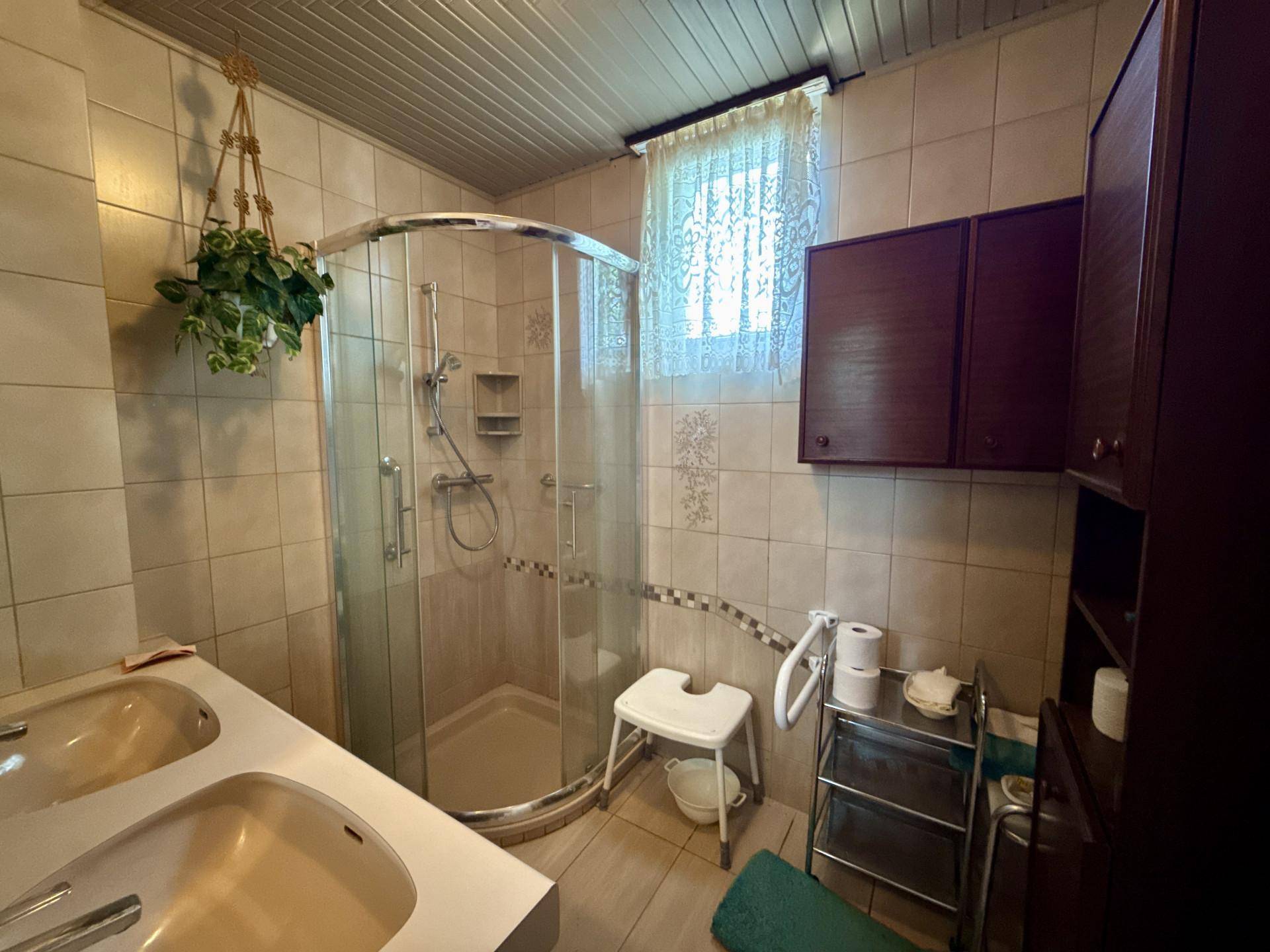 Badezimmer mit Duschkabine, Doppelwaschbecken und Fliesen im traditionellen Stil.