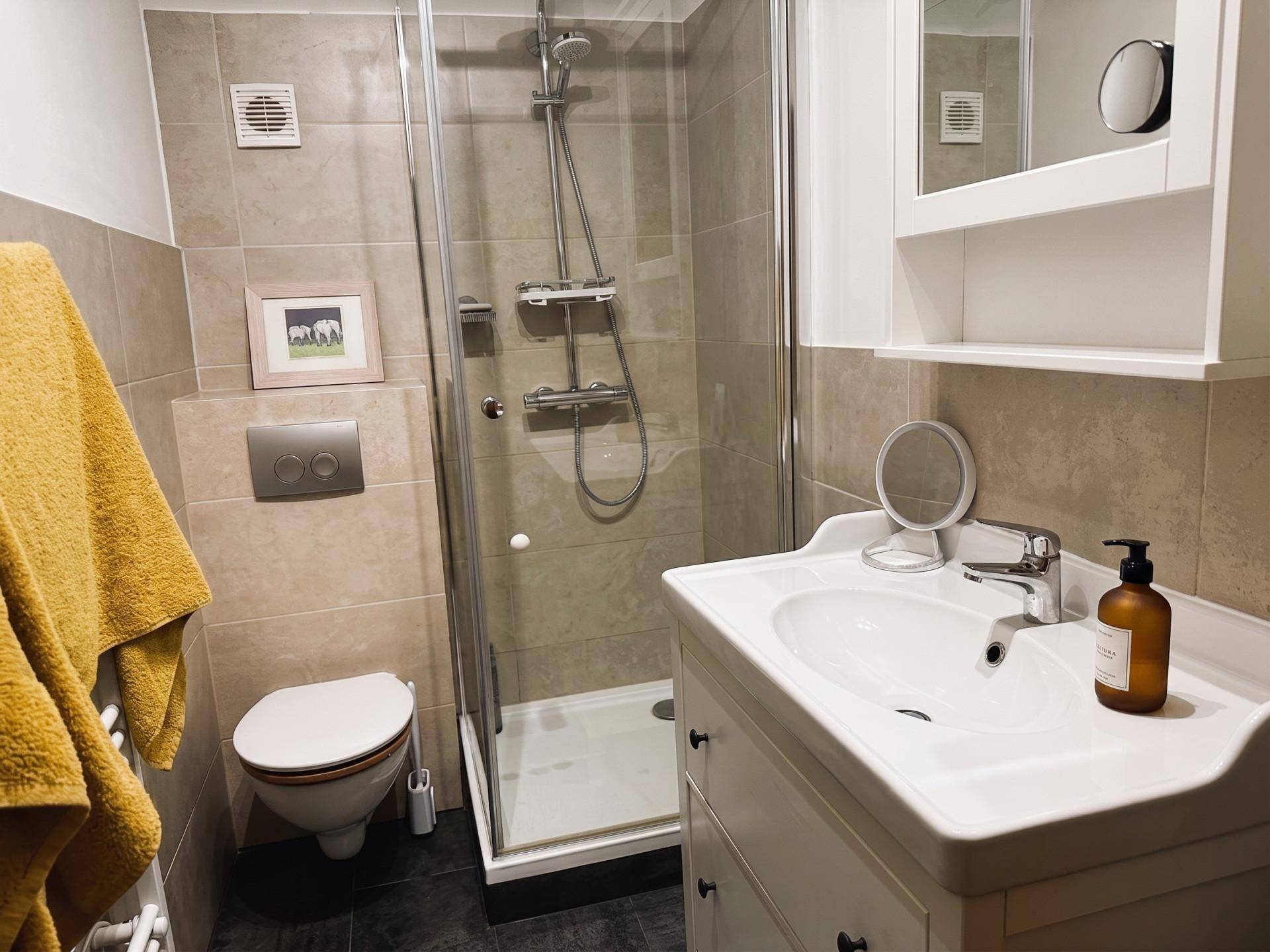 Modernes Badezimmer mit Dusche, WC und Waschbecken, in neutralen Farbtönen gehalten.