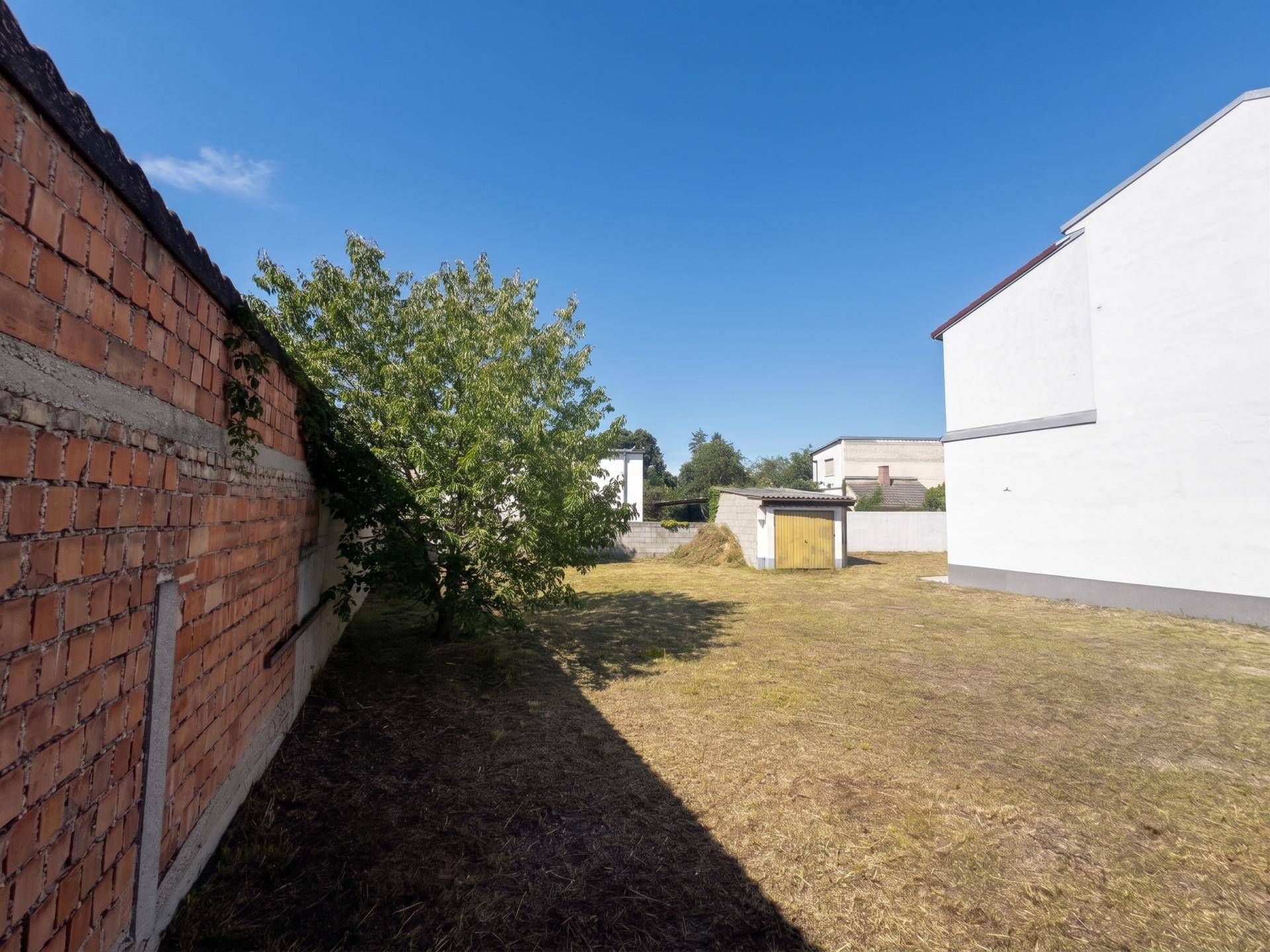 Gartenbereich mit Rasenfläche, einem Baum und einer Ziegelmauer als Begrenzung.