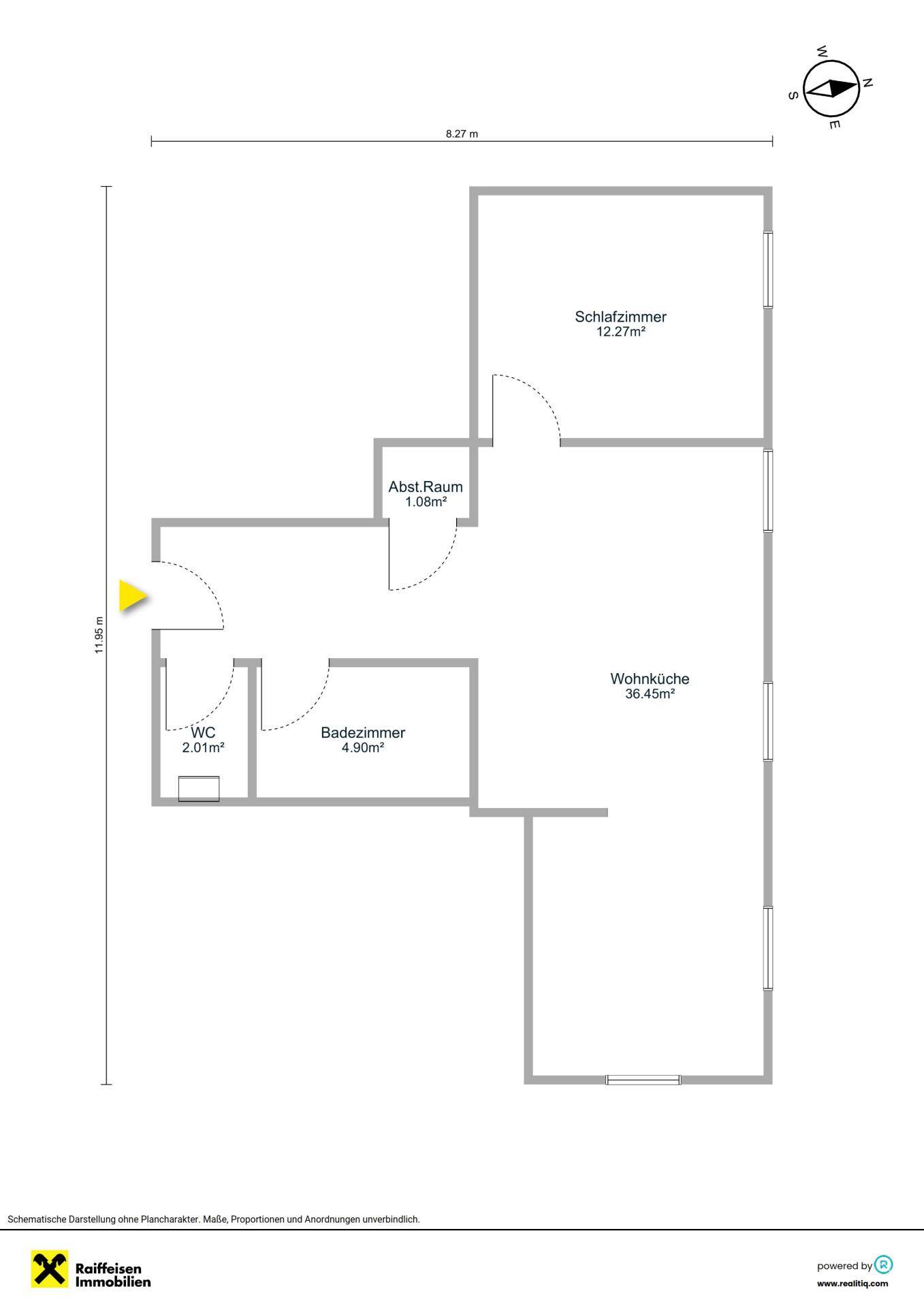 Grundriss einer Wohnung mit Schlafzimmer, Wohnküche, Bad und separatem WC.