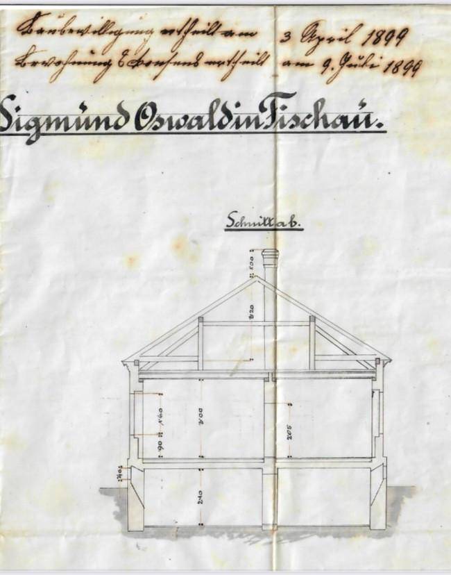 Historischer Schnittplan eines Gebäudes, der die interne Struktur und Geschosse zeigt.