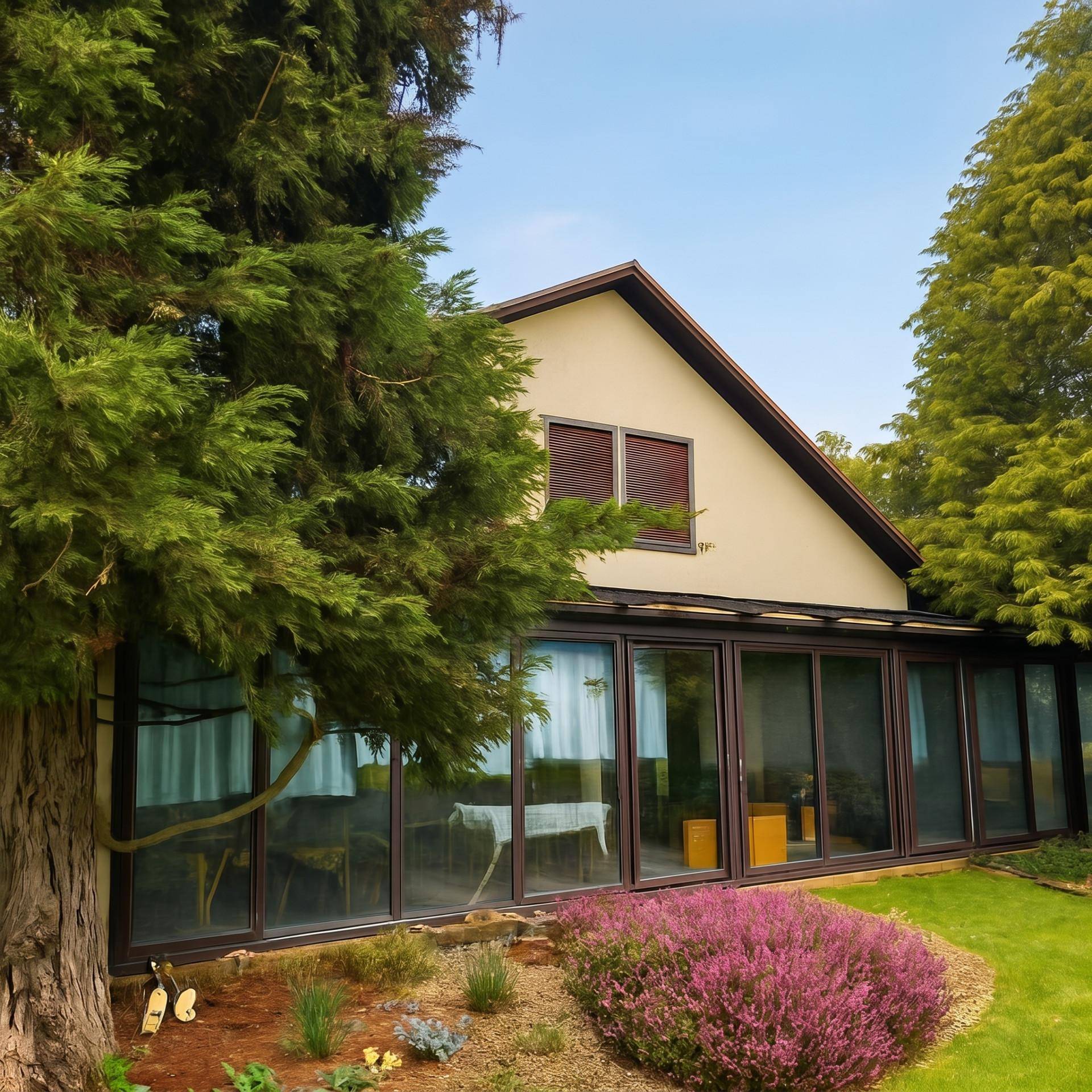 Rückseite des Hauses mit einem geräumigen Wintergarten und einem gepflegten Gartenbereich mit Blumen.