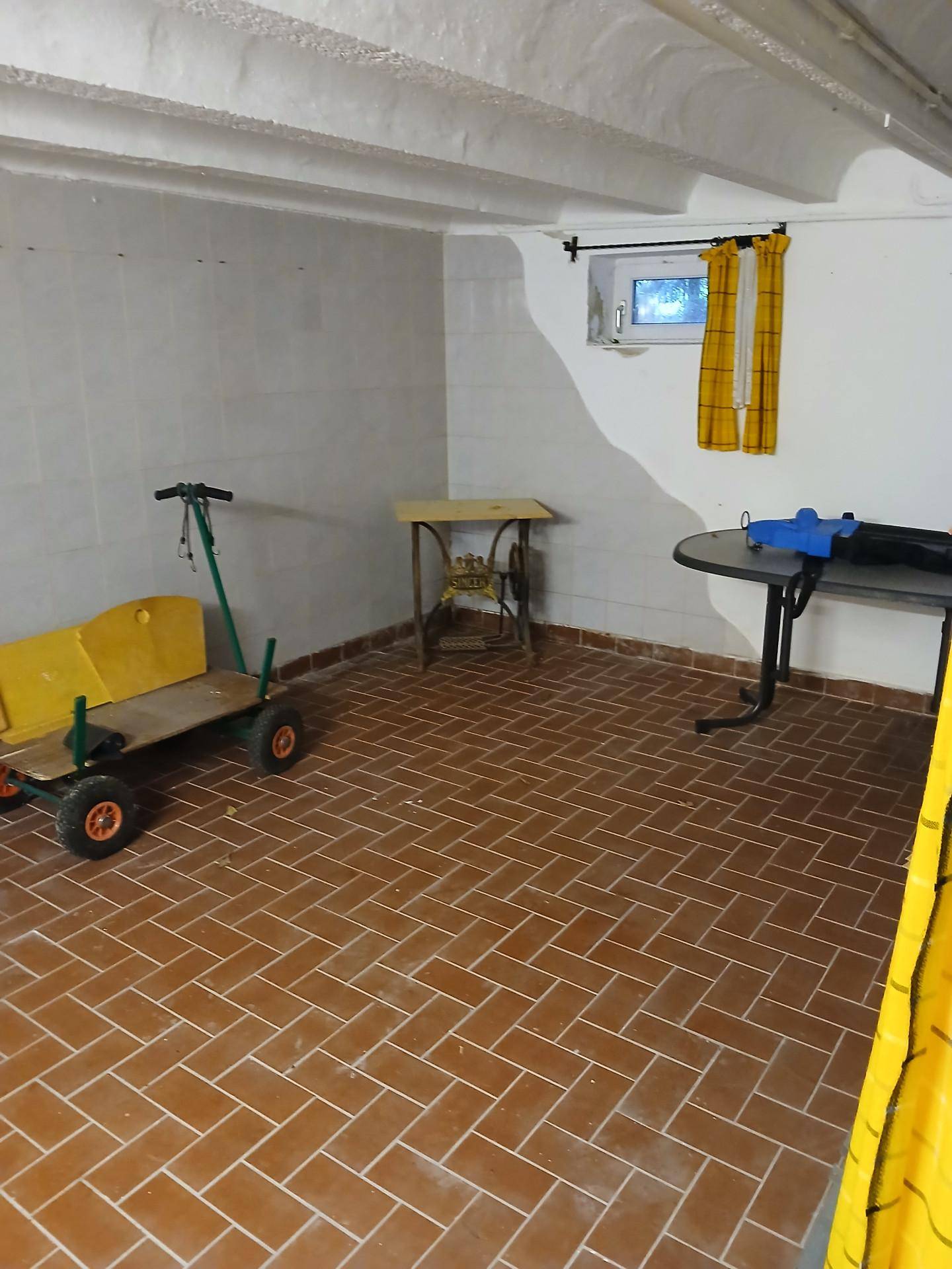 Geräumiger Kellerraum mit Terrakottafliesen, weiß gestrichenen Wänden und einem kleinen Fenster, ideal als Abstellraum.