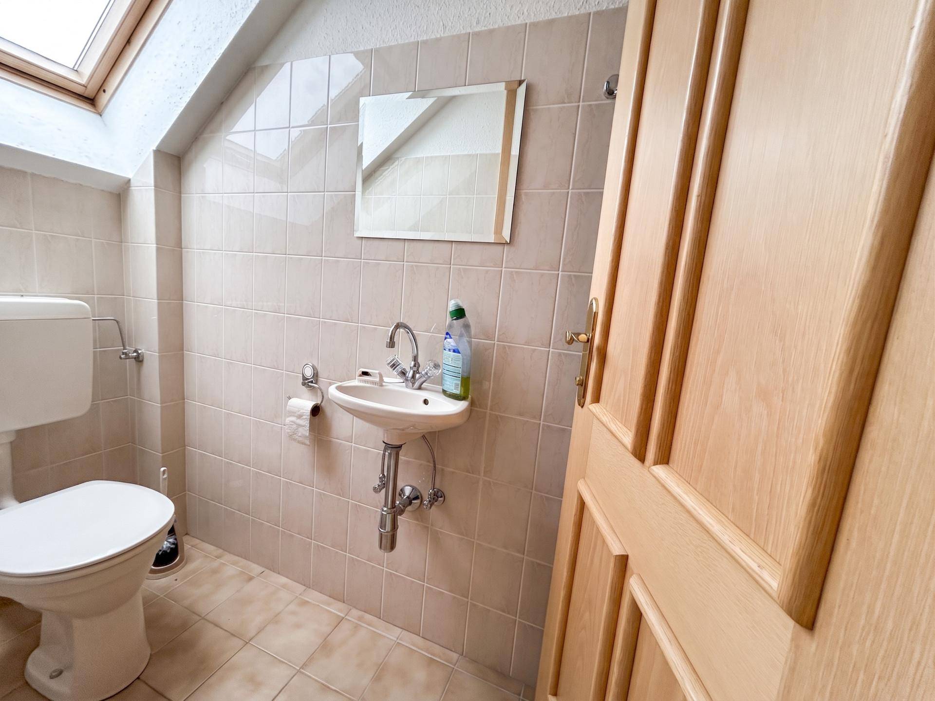 Kleines WC mit Dachfenster und Waschbecken, funktional und hell.