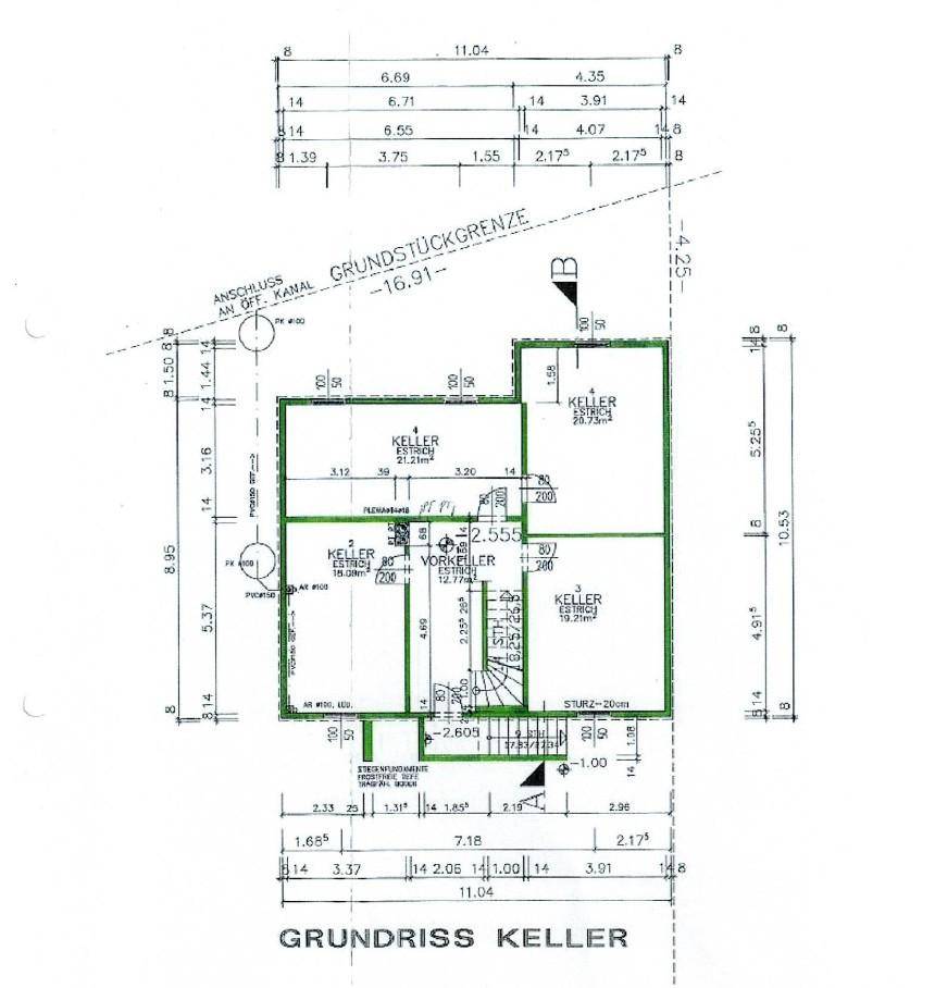 Grundriss des Kellers mit verschiedenen Kellerräumen und Abmessungen.